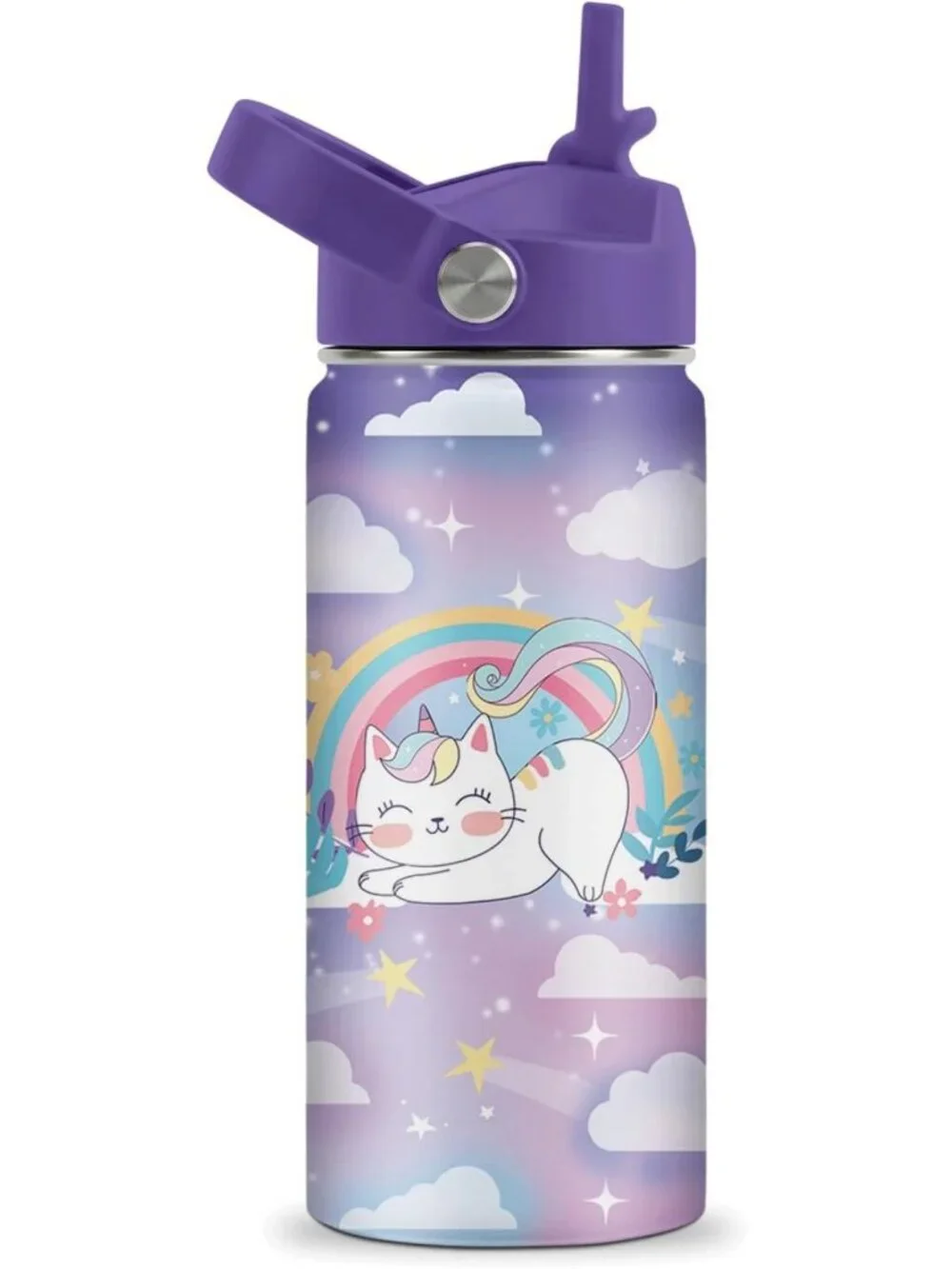 Cute Cat Water Bottle for Kids - 16oz Insulated Tumbler with Straw Lid, Rainbow